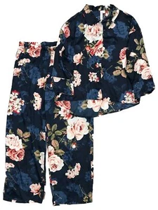 Womens Silky Blue & Pink Floral Rose Print Button Front Pajamas Sleep Set - Picture 1 of 2