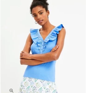 LOFT NWT Ruffle Mixed Media V-Neck Top - Ultramarine Blue - Size Small - Picture 1 of 2