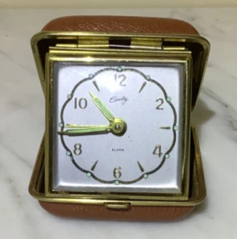 Vintage BRADLEY Travel Alarm Desk Clock German Made Brown Case Cover