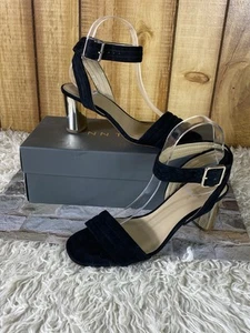 Ann Taylor Black Suede ROWAN Strappy GOLD METALLIC Block Heel Sandals Size 7M - Picture 1 of 10