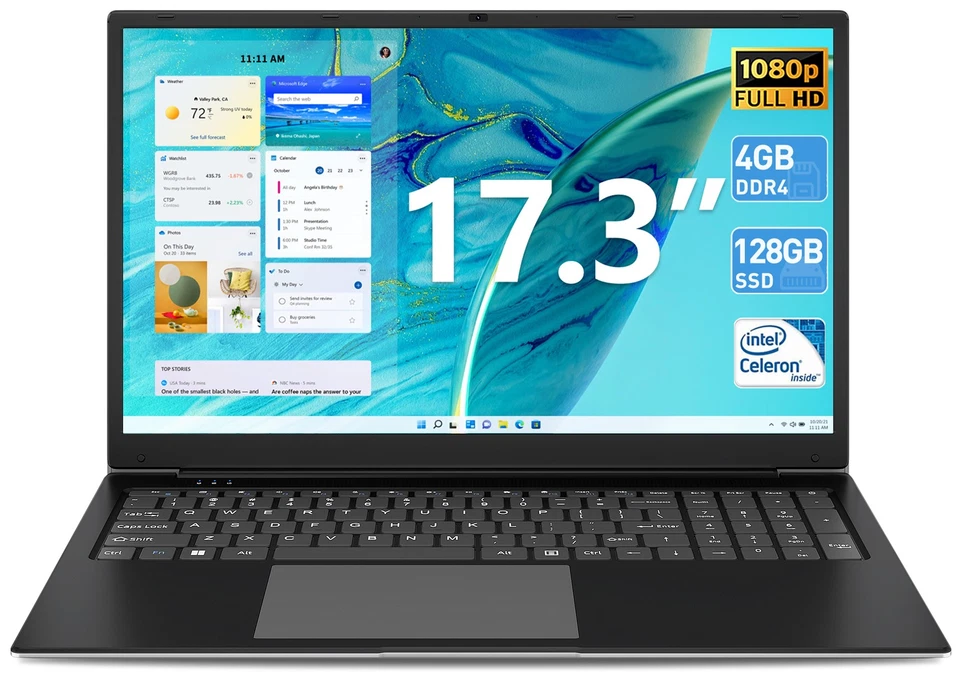 Portátil SGIN 17,3 pulgadas FHD 4 GB RAM 128 GB SSD Celeron I3 hasta 2,4 GHz WiFi Foto 1 de 4