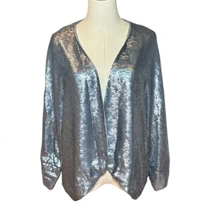 Eileen Fisher Silver Sequin Silk Cardigan Night Out Evening Gray XL - Picture 1 of 7