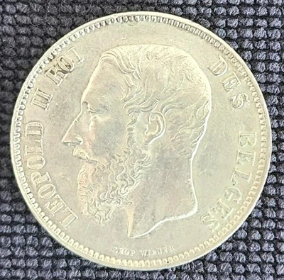 Moneda de plata fina de 5 francos belgas de 1873 del rey Leopoldo II .900 Foto 1 de 2
