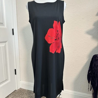 Casual Corner 90s Dress Size Large Black Sleeveless Shift Pullover Red Floral - Image 1 of 4