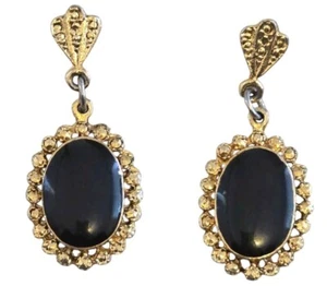 Women's Vintage Gold Tone Earrings With Black Glass Stone - Picture 1 of 2