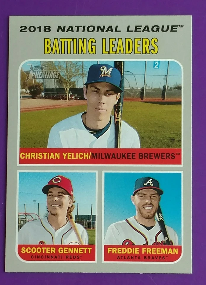 2019 Topps Heritage #061 YELICH/GENNETT/FREEMAN NL BATTING LEADERS - Image 1 of 2