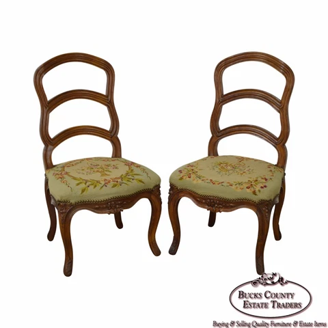 Antique Pair of 19th Century Walnut Louis XVI Style Ladder Back Needlepoint Side Cover