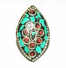Tibetan Rings Turquoise & Coral Stone 925 Silver Plated Handmade Adjustable Ring
