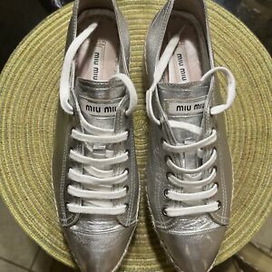 MIU MIU Silver Leather Espadrille Platform Shoes Size IT 39.5