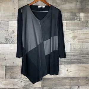 Chicos Travelers Blouse Womens Size 2 12 14 Black Stretchy 3/4 Sleeve Blocks - Picture 1 of 5
