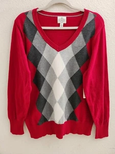 St. John's Bay Red Gray Argyle V-Neck Long Sleeve Plus Size Sweater sz 1X New - Picture 1 of 10