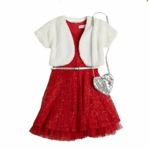 Knit Works Girls Sequined Holiday Dress Set Faux Fur Red Sequin size 5 NEW $64 - Picture 1 of 7