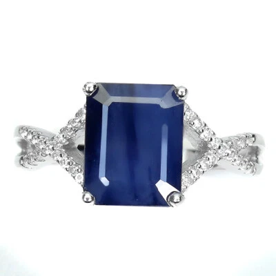Anello In Argento Sterling 925 Ottagonale Zaffiro Blu Gemma 10x8mm Taglia 8.5 - Immagine 1 di 4