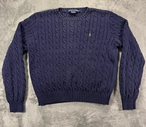 Vintage Ralph Lauren Cable Knit Sweater YOUTH XL Navy Long Sleeve Cotton Preppy - Picture 1 of 7