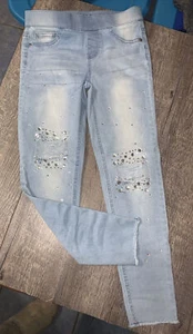 Justice sz 14 Slim Distressed Rhinestone pull on jean denim jeggings NWOT - Picture 1 of 7