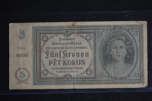 CZECHOSLOVAKIA 1940 RARE SPECIMEN 5 KORUN CIRCULATED BANK NOTE - Picture 1 of 6