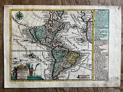 Map 1749 AMERICA Johann George Schreiber-Leipzig-hand colored-Original Map-RARE! - Image 1 of 4