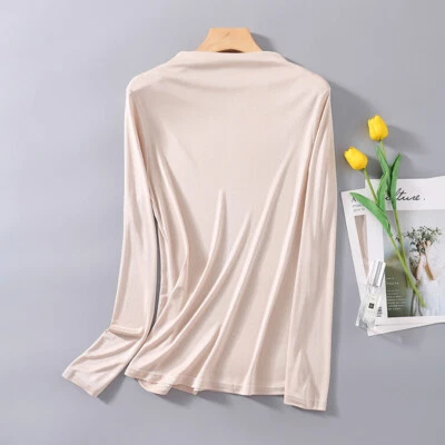 Womens 100% Mulberry Silk Knitted Mid Neck T Shirt Undershirt Long Sleeve Top - Image 1 of 4