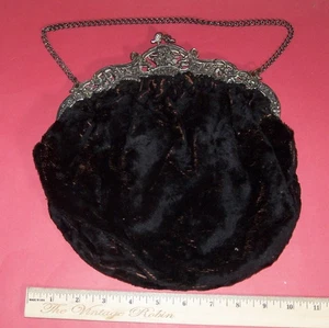Antique Black Velvet Purse with Metal Frame and Red Satin Lining - Picture 1 of 7