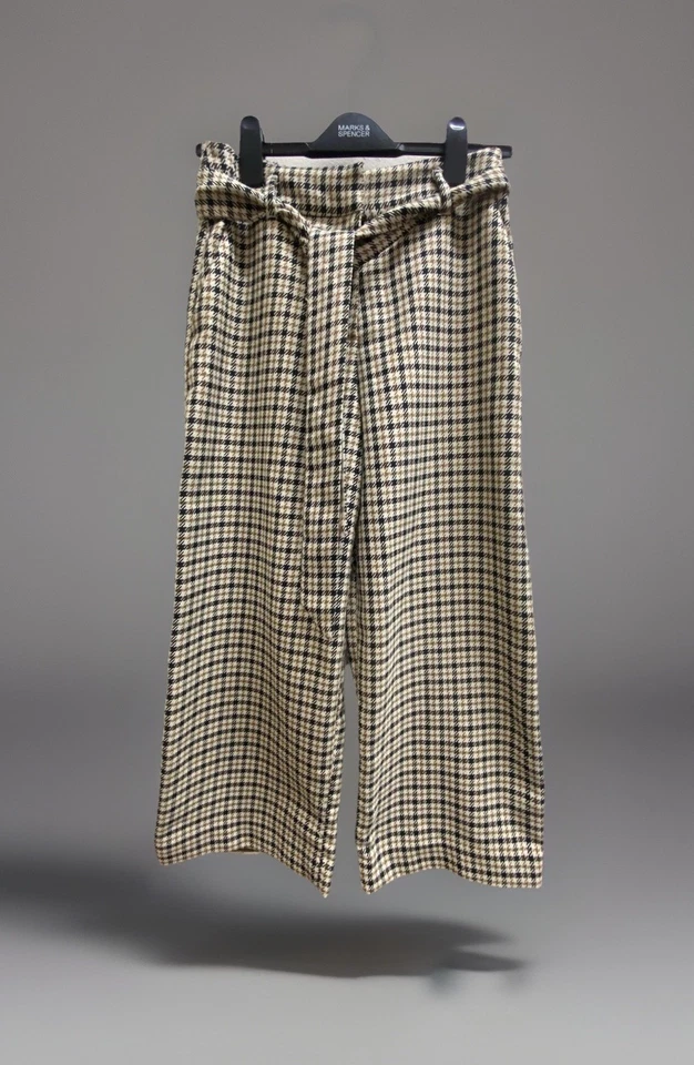 H&M Houndstooth Cropped Wide Leg Trousers Beige Black Size 38 UK 10 Belted Waist - Image 1 of 4