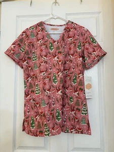 eliteMed Christmas Reindeer pink Scrub Top, Large - Picture 1 of 2