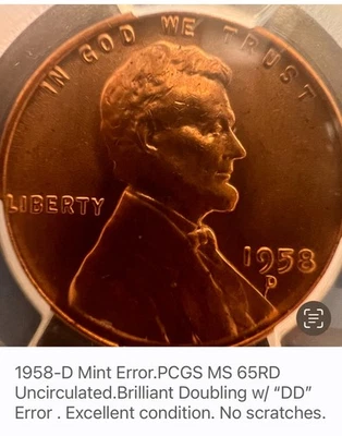 1958-D 1C RD Lincoln Cent  PCGS 1965 RD.  Uncirculated . Doubling ,”DD”rare  - Image 1 of 4
