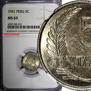 Peru 1941 5 Centavos NGC MS63 LAST YEAR TOP GRADED BY NGC KM# 213.2 (231) - Picture 1 of 4