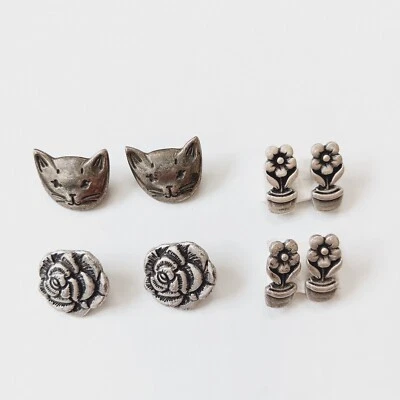 Set of 8 Assorted Pewter Shank Buttons Rose Cat Face Flowerpot 5/8"-3/4" - Image 1 of 4