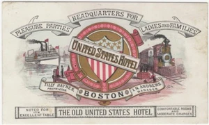 Tarjeta canje de cromo americano rara del hotel de los Estados Unidos Boston Massachusetts década de 1880 - Imagen 1 de 1