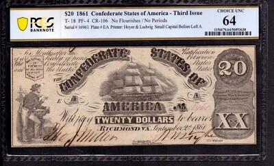 1861 $20 CONFEDERATE STATES OF AMERICA NOTE T-18 PF-4 PCGS B CHOICE UNC CU 64 - Image 1 of 4