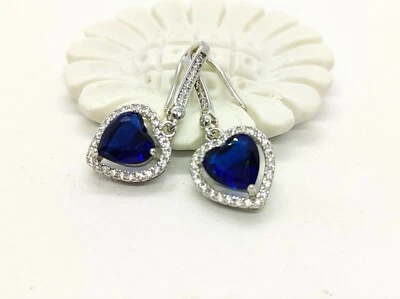 Orecchini Donna in Argento 925  zirconi bianchi CON pendente cuore BLU - Immagine 1 di 4