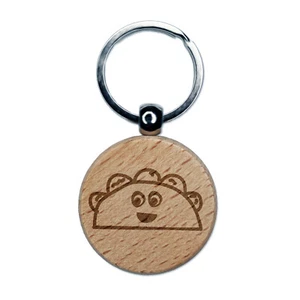 Happy Taco Doodle Engraved Wood Round Keychain Tag Charm - Picture 1 of 6