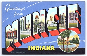 Muncie Indiana Large Letter Linen Postcard - Picture 1 of 2