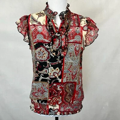 Iz Byer Blouse Sz M Black Multicolor Split Buttoned Neck Short Sleeve with Cami - Image 1 of 4