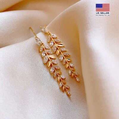 Pendientes Gorgeou Mujer Plata de Ley 925 Oro Trigo Oreja Hojas Circonita 1549 Foto 1 de 4