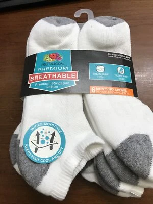 Meias masculinas Fruit of the Loom premium corte baixo, brancas com cinza, pacote com 6 pares - Imagem 1 de 3