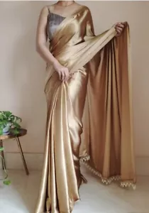 Solid/Plain Bollywood Satin, Silk Blend Saree (Gold) - Picture 1 of 5