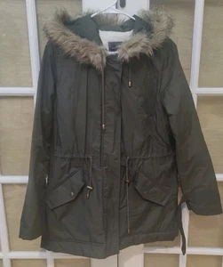 Read Banana Republic Faux Fur Hooded Twill Parka Coat Jacket - Size Medium - Olive - Bild 1 von 12