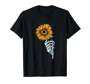 WOMENS XL Skeleton Hand Holding Sunflower BLACK TSHIRT - Picture 1 of 1