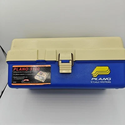 Caja de aparejos vintage Plano 3100 almacenamiento individual bandeja de 13 compartimentos azul y beige Foto 1 de 4