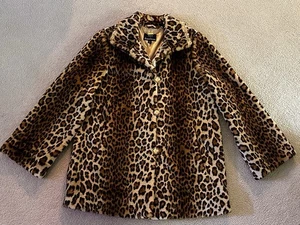 DENNIS BASSO Faux Fur Coat Uk S/US M L Brown Animal Print Winter Jacket Leopard - Picture 1 of 11