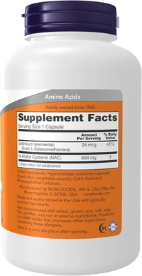 NOW Supplements, NAC (N-acetil cisteína) 600 mg con selenio, 250 cápsulas vegetales Foto 1 de 4