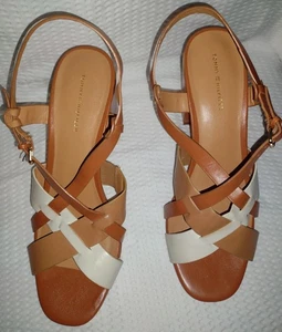 Tommy Hilfiger Strappy Sandals Block Heel Brown/ Cream Size 10 Designer - Picture 1 of 15
