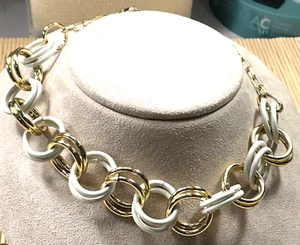 Fashion Necklace White Enamel & Gold Tone Loops Chain Choker Lot 39D - Picture 1 of 3