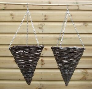 2 x 12 inch Coned Wicker Rattan Willow Hanging Baskets Cone Shaped