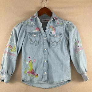 Wrangler Barbie Kids SM Top Western Balloon Sleeve Embroidered Pearl Snap Denim - Picture 1 of 7