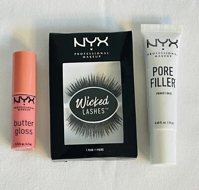 3 pc NYX Professional Makeup Lot, Wicked Lashes, Pore Filler & Butter Gloss, NEW - Image 1 of 4