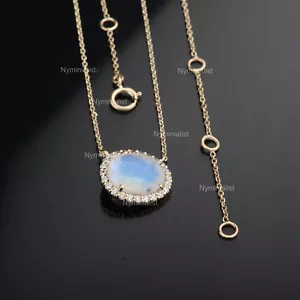 Genuine Oval Rainbow Moonstone Diamond Necklace Solid 14K Yellow Gold Jewelry - Picture 1 of 7