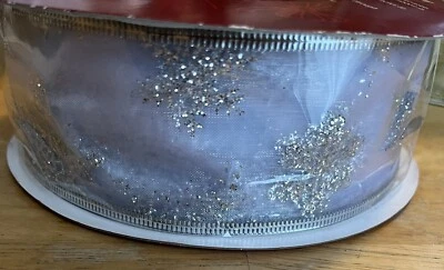 2" Wired Ribbon Metallic Banded Edge Sheer Silver Glitter Snowflakes, 100’ x 2” - Image 1 of 4