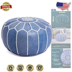Round Genuine Leather Ottoman - Handmade Moroccan Pouf for Home Décor Lovers - Picture 1 of 11